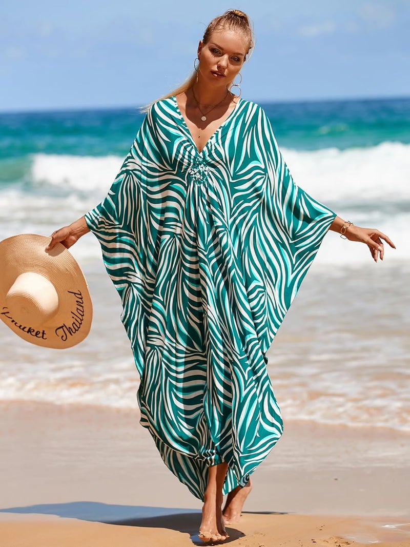 IMAGEKOPE Women's Plus Size Animal Print V-Neck Batwing Kaftan Beach Dress Bathing Suit Cover-Up Loungewear - Image 5
